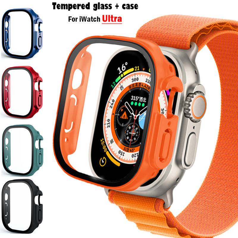 Kaca+case Untuk Apple Watch Ultra 49mm strap smartwatch PC Bumper+Pelindung Layar Tempered Cover iwatch series Aksesoris