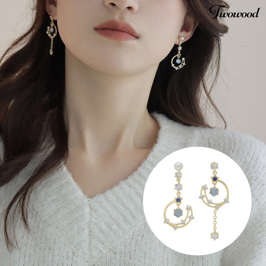 Twowood 1pasang Wanita Anting Berlian Imitasi Mengkilap Hias Asimetris Bulan Warna Perak Alloy Perhiasan Dress-Up Aksesoris Wanita Panjang Rumbai Drop Earrings Perhiasan Hadiah