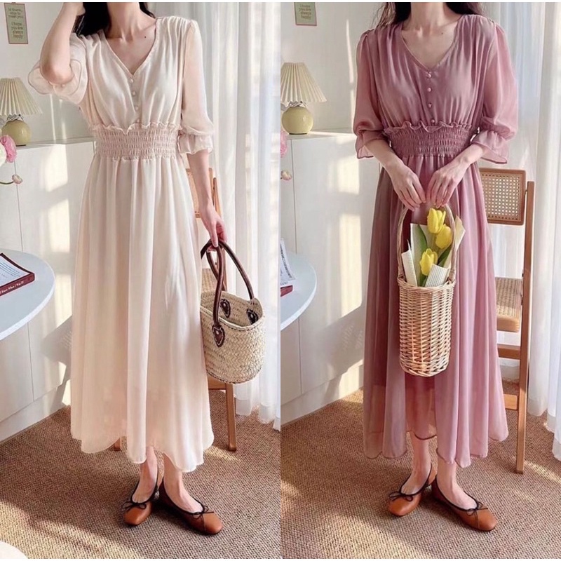 ilook | Miso Dress Korean Vintage Casual Midi Dinner Pastel Stretch Simple Basic polos Cantik Korea Style Look Chic