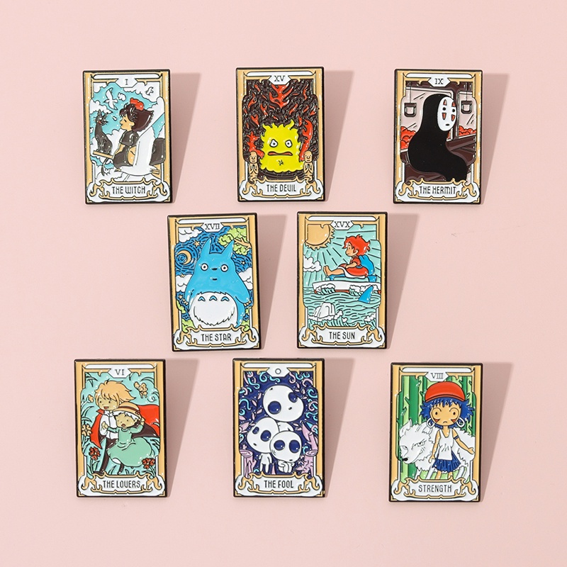 Creative Anime Totoro Tarot Enamel Pins Cute No Face Man Calcifer San Howl Ponyo Brooch Badges Lapel Pin Cartoon Brooches Ghibli Jewelry Gift for Friend Fans