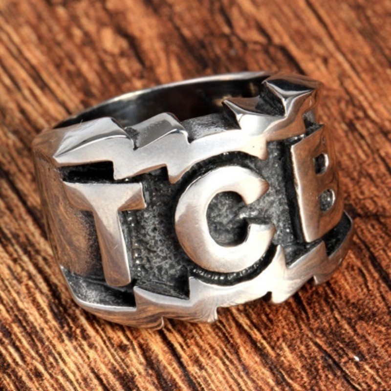 [X C Perhiasan] Tren Fashion Baja Titanium Huruf Inggris TCB Vintage Hip Hop Perhiasan Cincin Pria Trendi