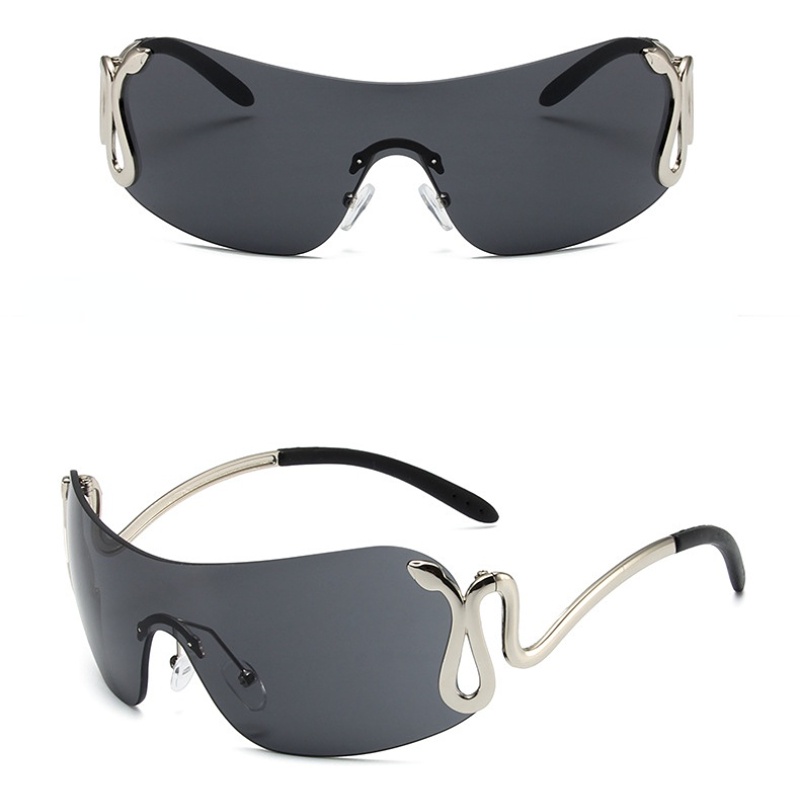 (YUZHU) Mode Barat Cyberpunk Kacamata One-piece Frameless Silver Snake Sunglasses Unisex