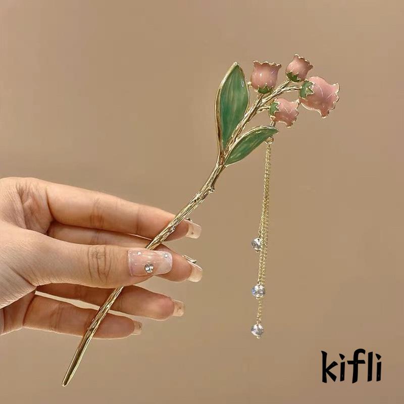 [KD] Wanita Rambut Stik Gadis Elegan  MutiaraLogam China Gaya Rumbai Bell Anggrek Hanfu Jepit Rambut