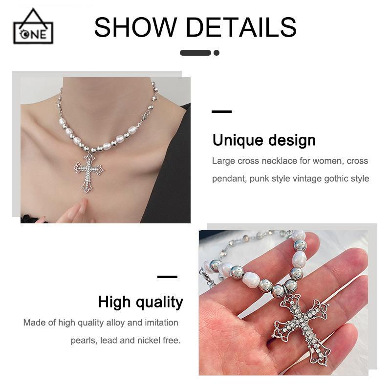 COD❤️Kalung Alloy Vintage Pearl Cross Pendant Punk Sweter Serbaguna Wanita-A.one