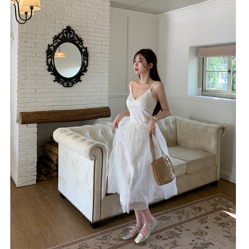 Red Gaun suspender putih Prancis musim panas rok peri splicing mesh berkualitas tinggi pinggang lembut rok berbulu a-line