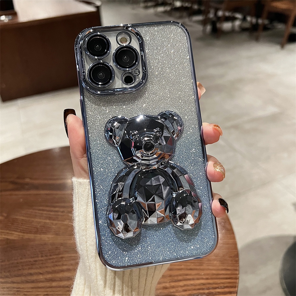 Premium 3D Galvanis Kedip Kristal Beruang Case iPhone 14 Pro Max Case iPhone 13 12 Pro Max Case Kamera Perlindungan Lensa Film Untuk 14 Promax Plus Mewah Kreatif Plating Transparan