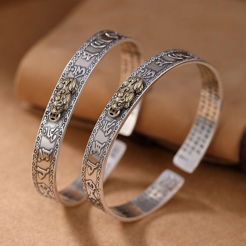 Pixiu Kekayaan Keberuntungan Pesona Gelang Terbuka Untuk Pasangan/Wanita Pria Vintage Perak Enam Karakter Truth Adjustable Bangle