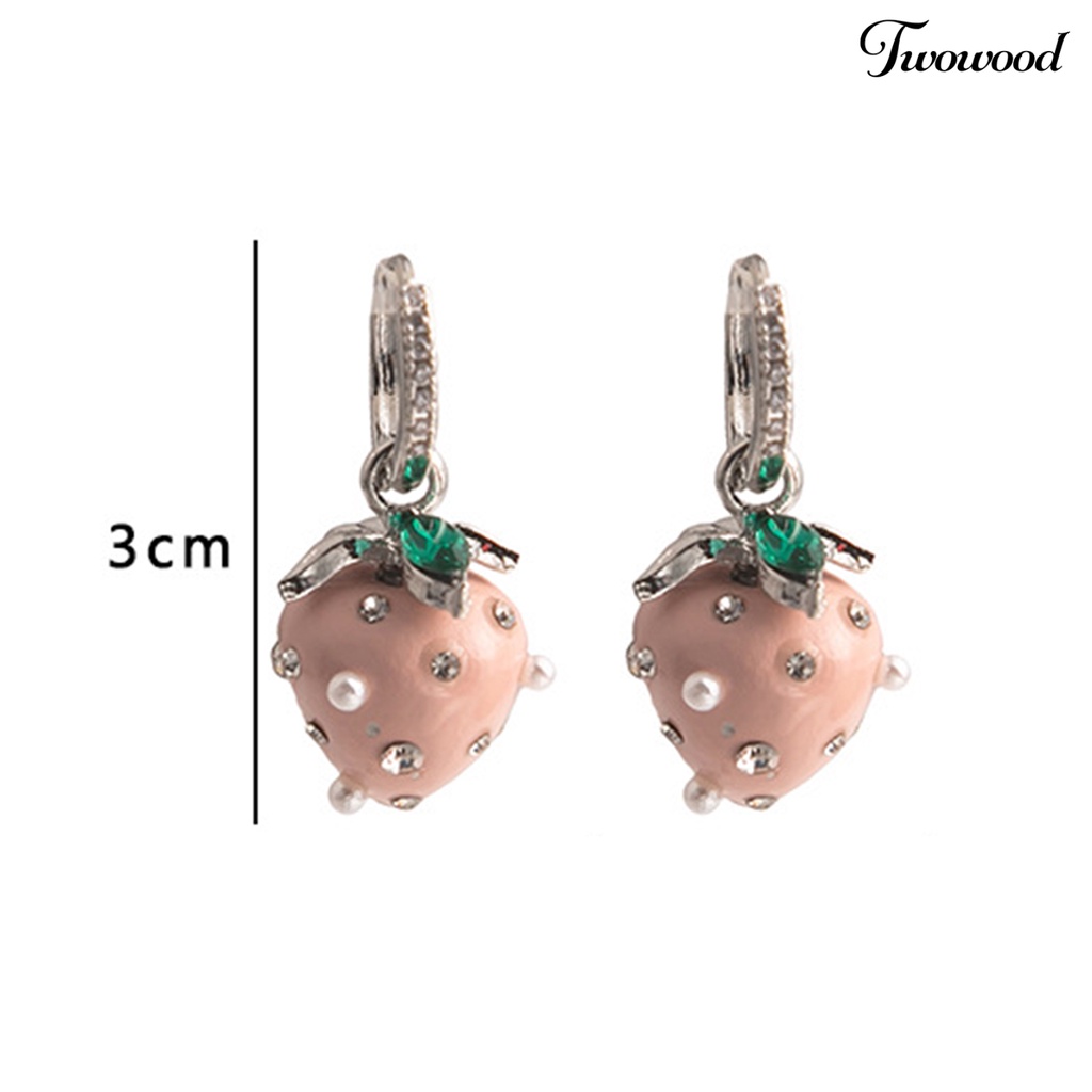 Twowood 1pasang Anting Menjuntai Strawberry Berlian Imitasi Mutiara Imitasi Perhiasan Gaya Korea Anting Lingkaran Berkilau Aksesoris Fashion