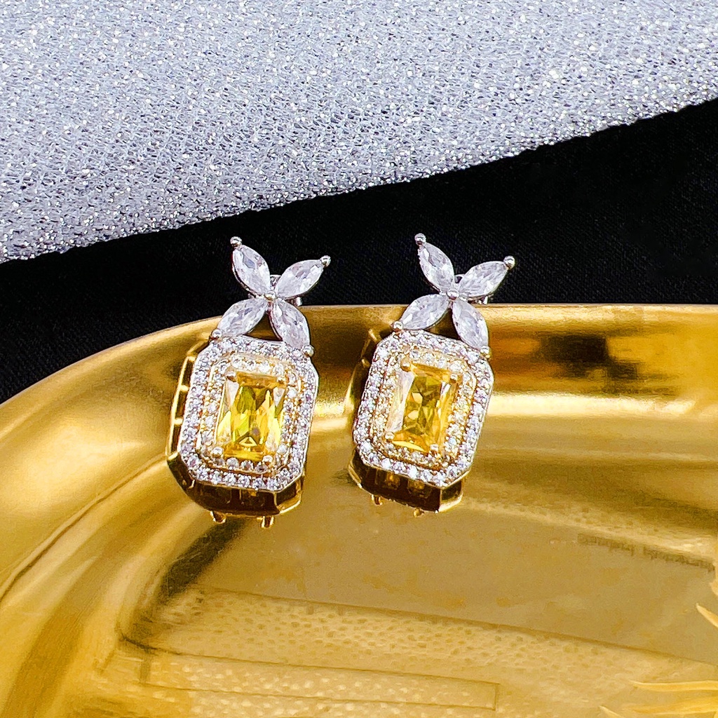 Goldkingdom Aksesoris Perhiasan Fashion Ready Stock Siaran Langsung Warna Berlian Kuning Anting Harta Karun Micro Bertatahkan Berlian Karbon Tinggi Super Peri Busur Anting