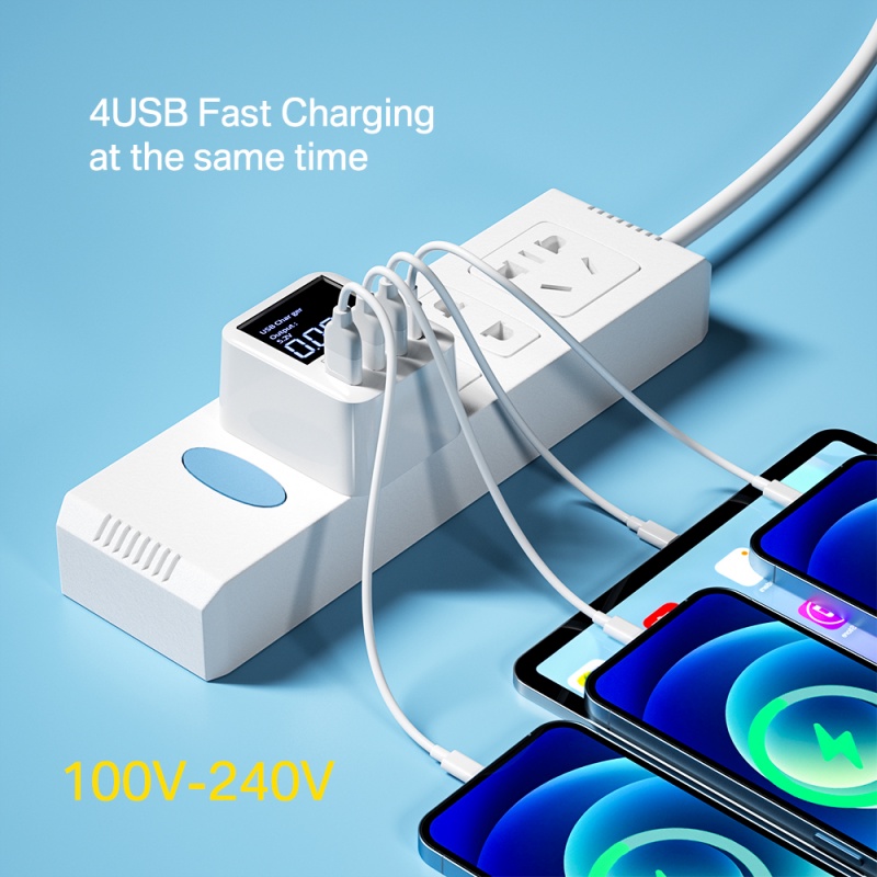 Charger Dinding USB 40W 4port Dengan Display LED, QC3.0 PD3.0 USB Fast Charger Untuk iPhone Samsung