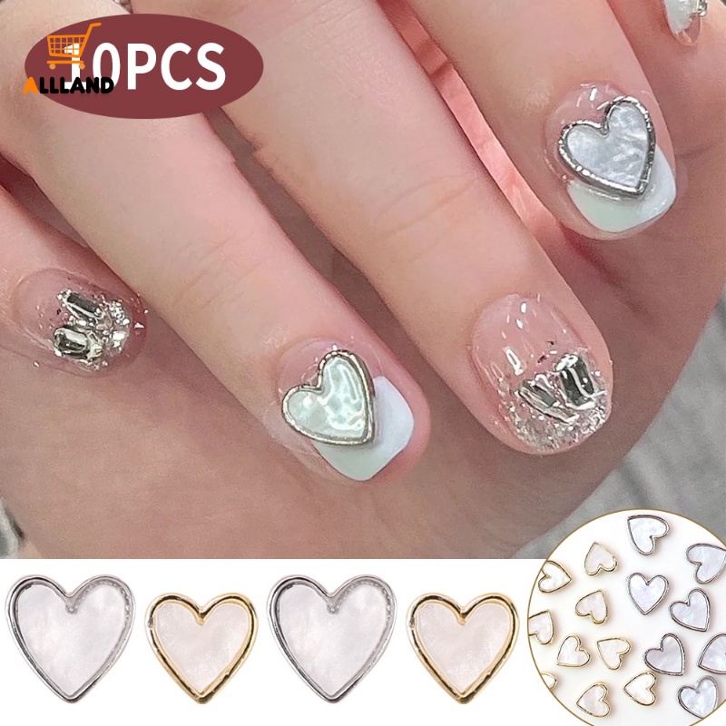 10pcs/set Shiny Love Heart Nail Charm/DIY Transparan Berlian Logam Tepi Shell Nail Decor/Retro Sederhana Manicure Aksesoris