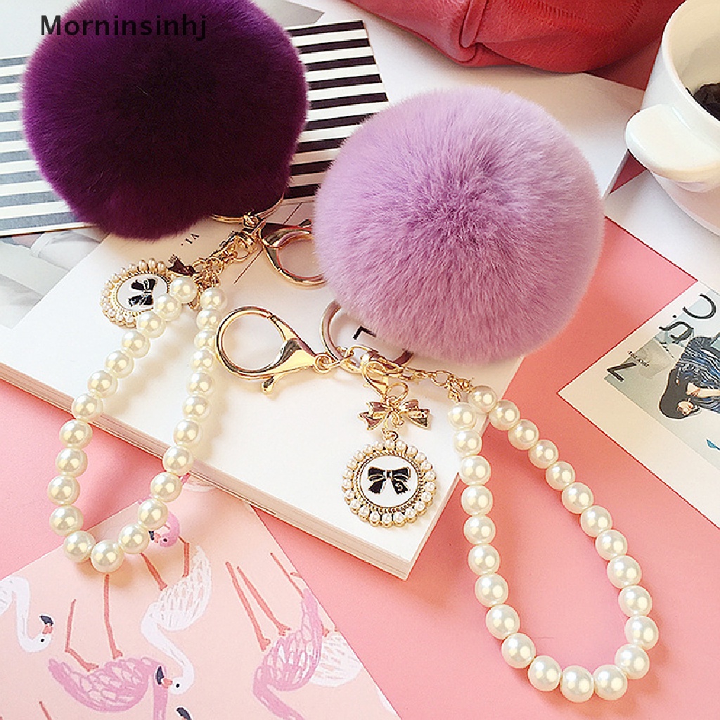 Mornin Rantai Mutiara Kristal Botol Busur Pompom Gantungan Kunci Mobil Wanita handBag Key Chain id