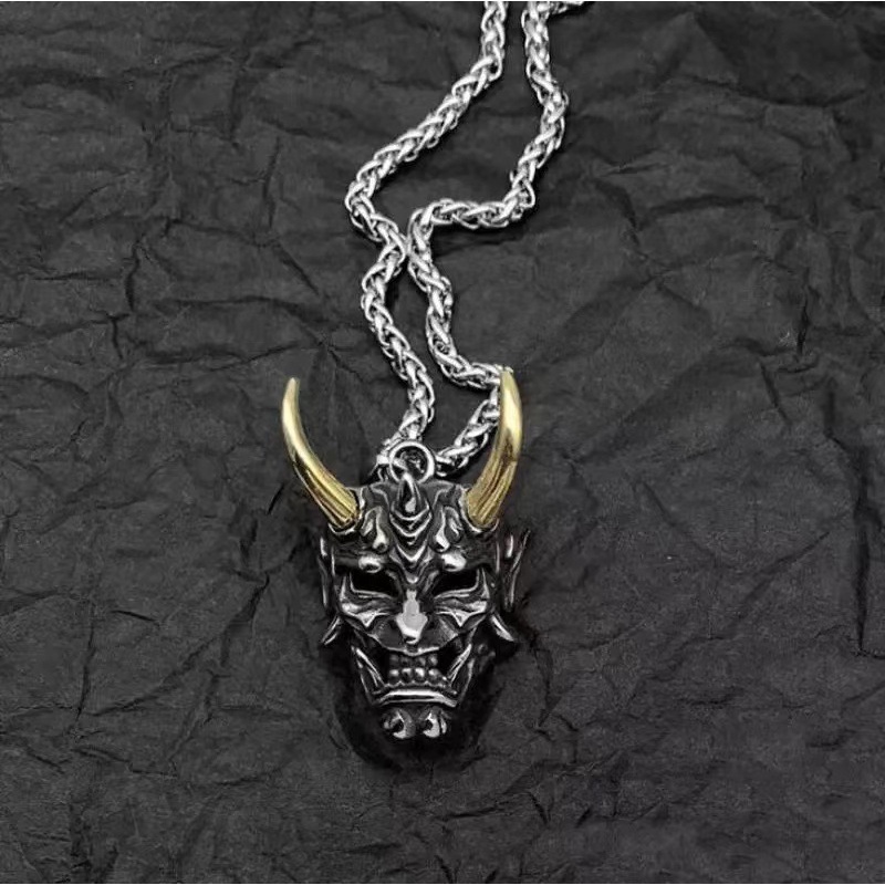 Gaya Jepang Punk Fashion Hantu Topeng Liontin Kalung Tanduk Panjang Kalung Aksesoris Perhiasan Pesta Halloween