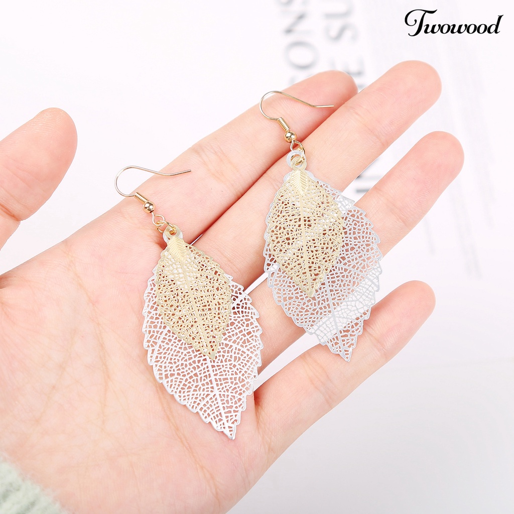 Twowood 1pasang Menjuntai Anting Vintage Boho Panjang Fringe Berongga Keluar Warna-Warni Hias Hadiah Ulang Tahun Wanita Double Layer Daun Liontin Kait Anting Perhiasan Aksesoris