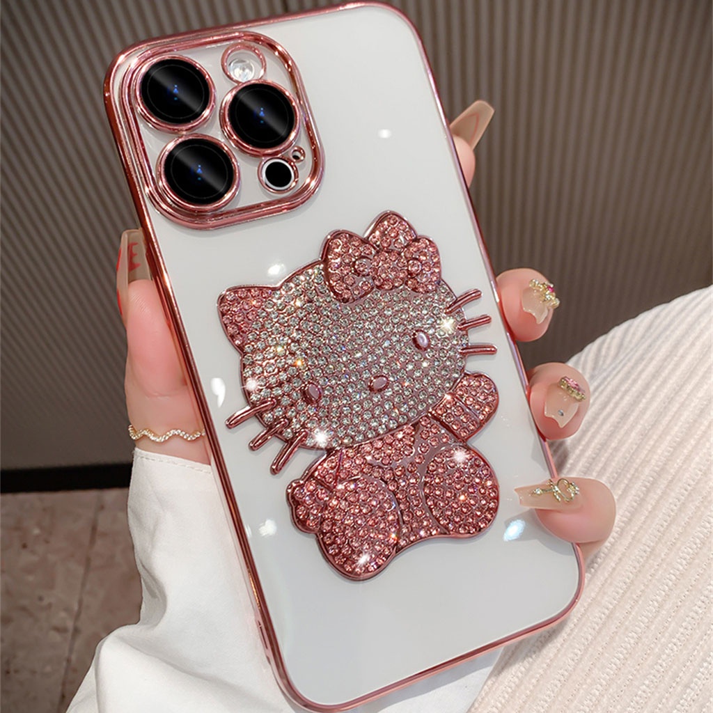 Kartun 3D Berlian Hello Kitty case iphone 14 pro max case iphone 13 12 pro Max14 plus promax Mewah Lensa Kamera Bening Tertutup Penuh Perlindungan shock Lembut Penutup Belakang
