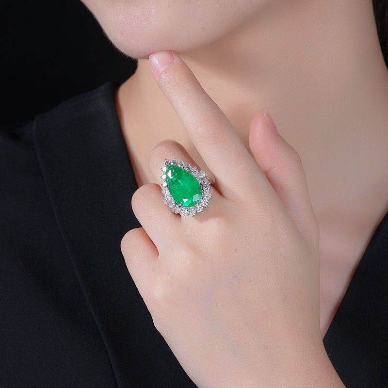 Goldkingdom Aksesoris Perhiasan Fashion Ready Stock Inlay Micro Inlay Drop Pear-shaped Emerald Adjustable Engagement Ring Untuk Wanita