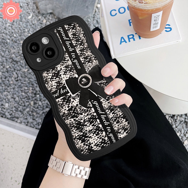 IPHONE Kompatibel Untuk Iphone11 7 8 Plus XR 13 12 14 Pro Max 6s 6x XS Max14 Plus SE 2020 7Plus Retro Fashion Hitam Bow-Knot Wavy Edge Soft Back Cover