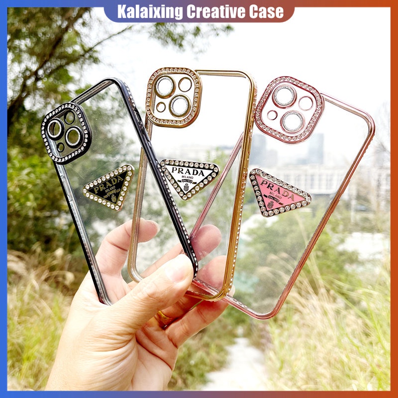 Casing Ponsel Prada Bertabur Berlian Untuk iPhone 14 Pro Max 13 Pro 12 Pro 11 Pro Max Transparan Plating Soft Casing Cover Belakang