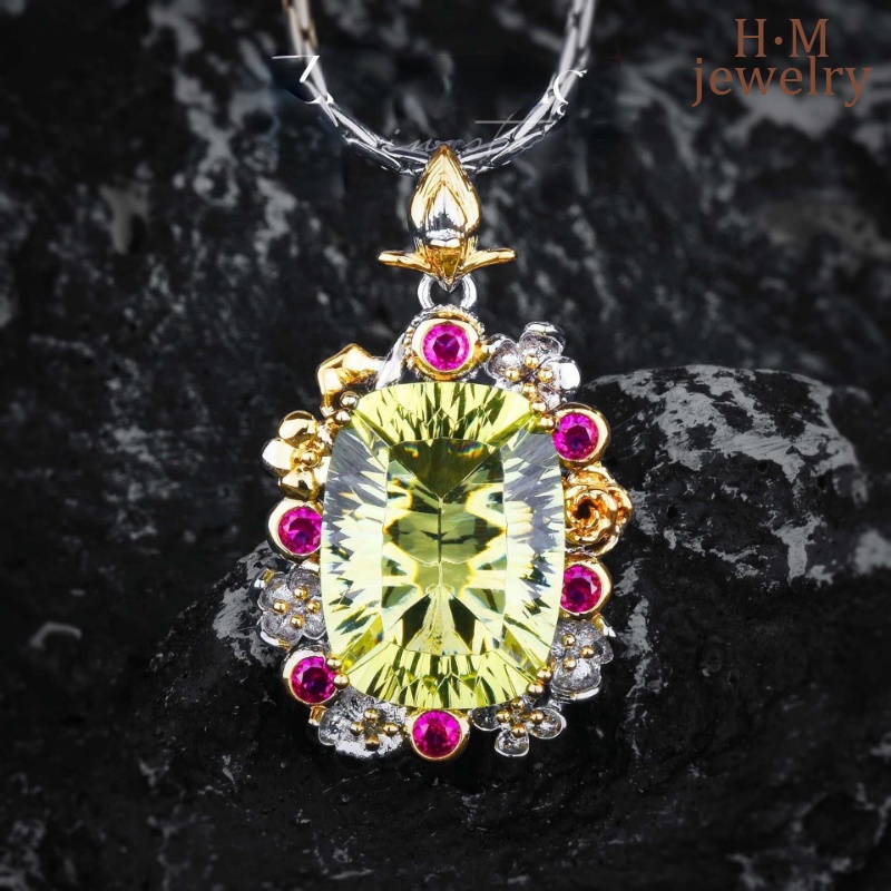 Kalung Emas Ukir Anyaman Lemon Crystal Pendant Amethyst Ornament