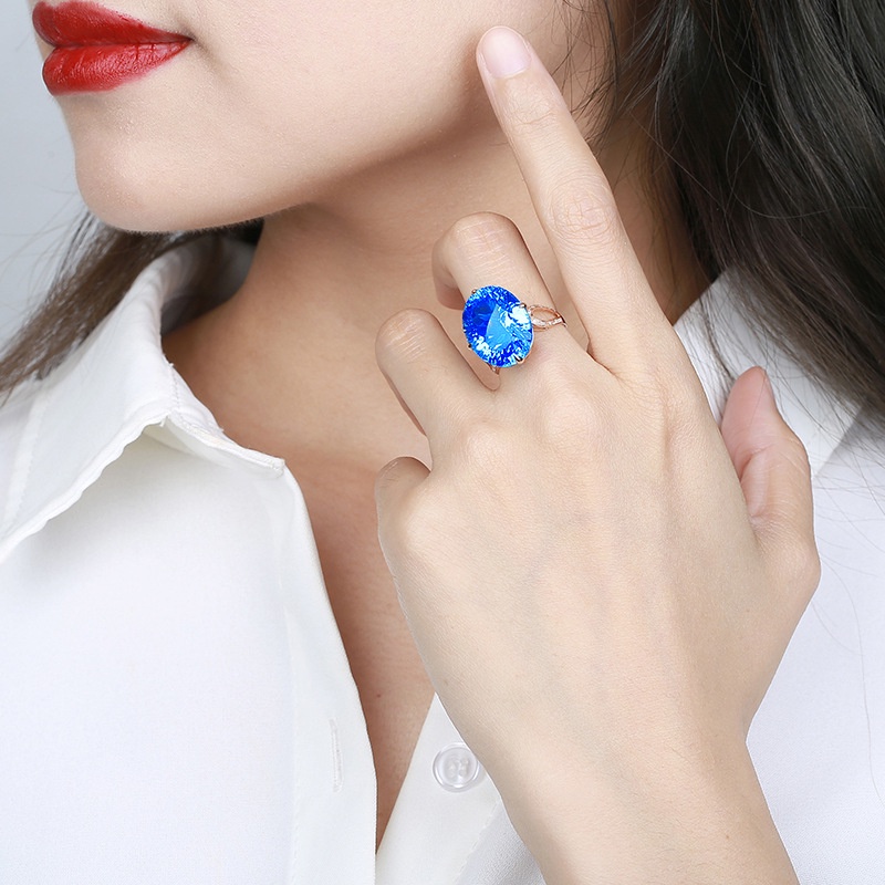 Aksesoris Perhiasan Fashion Goldkingdom Ready Stock Burung Kelas Atas &amp;#039; s Sarang Potong Telur Burung Merpati Caibao Cincin Terbuka Imitasi Swiss Biru Oval Natural Topaz Ring.