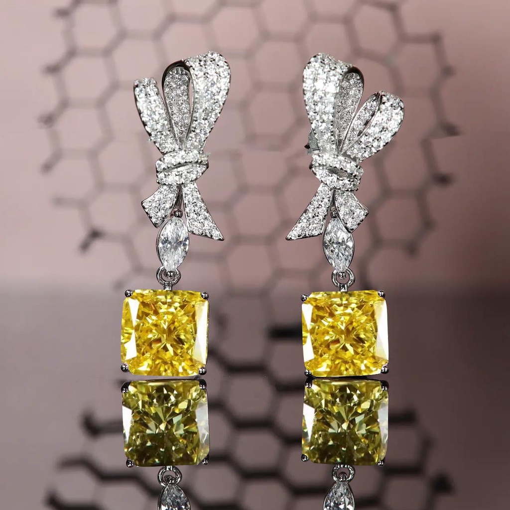 Goldkingdom Fashion Perhiasan Aksesoris Ready Stock High-end Perhiasan Berlian Kuning Raydean Cutter Ear Studs Earrings Super Glitter Berlian Merah Muda Es Potong Penuh Bor Busur Anting-Anting