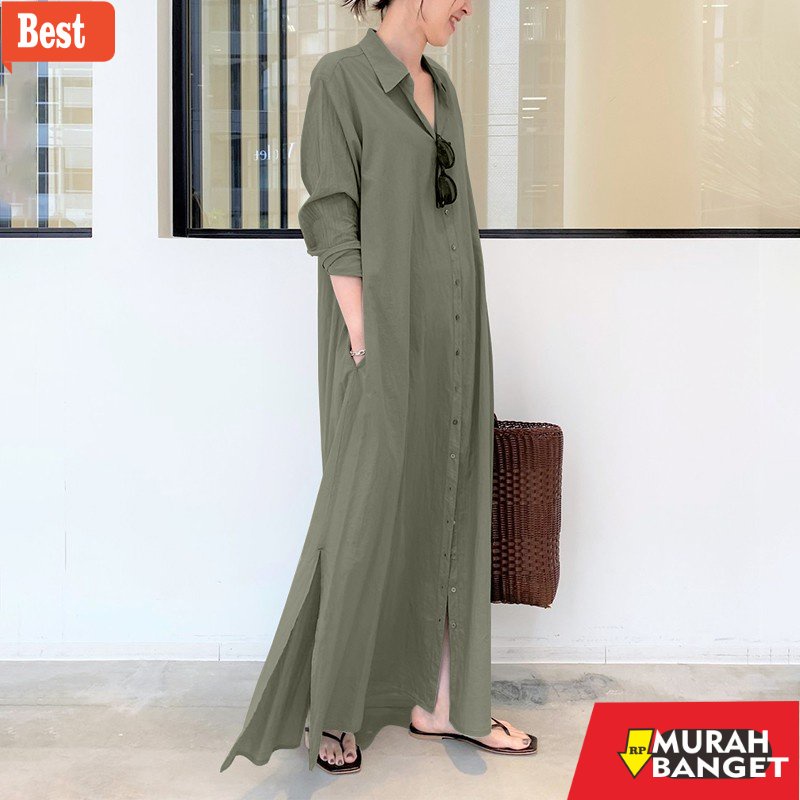 GAMIS RAMADHAN TERBARU UNTUK WANITA- ZANZEA Women Long Sleeve Lapel Collar Split Hem Solid Color Max