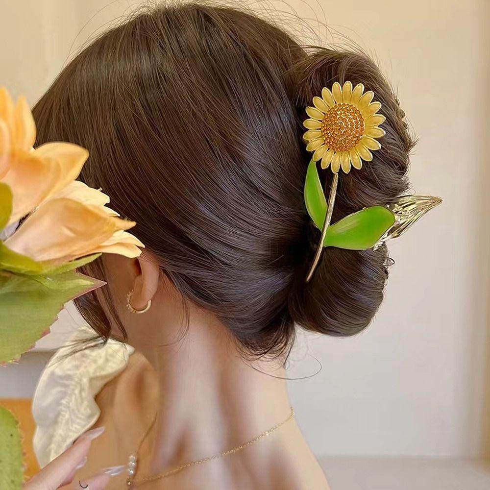 Needway Sunflower Hair Claw Hadiah Untuk Gadis Ins Gaya Hiasan Kepala Rambut Kepiting Klip Zirkon Jepit Rambut Ponytail Holder Besar Hairgrips Fashion Hiasan Kepala Korea Hair Clips