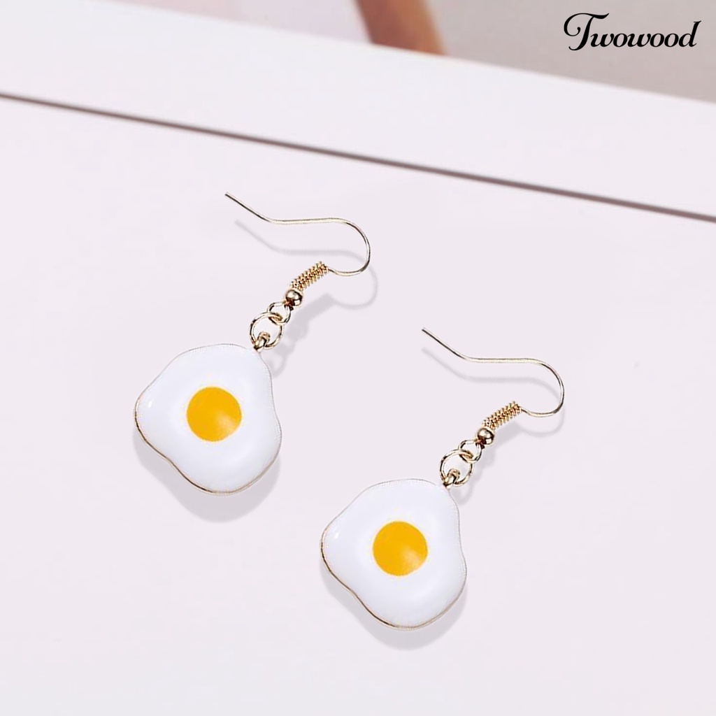 Twowood 1pasang Drop Earrings Piercing Minimalis Seri Makanan Realistis Electroplating Hias Hadiah Wanita Lucu Telur Rebus Menjuntai Kait Anting Perhiasan Aksesori Fashion