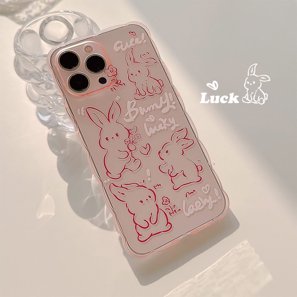 Ins Pink Line-picking Kelinci Kartun Wavy Edge Transparan Case Untuk Iphone SE 2020 7 /8 Plus 14x XR XM 11 12 MINI 13 PRO MAX Casing Cover Pelindung AT0094