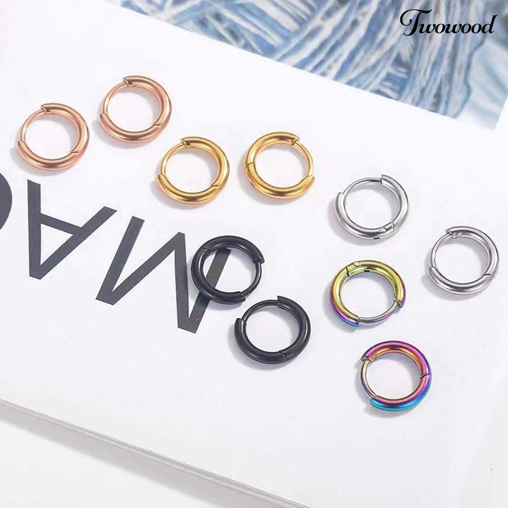 Twowood 1pasang Anting Hoop Stainless Steel Geometris Elegan Dipoles Warna Perak Anting Lingkaran Logam Fashion Perhiasan