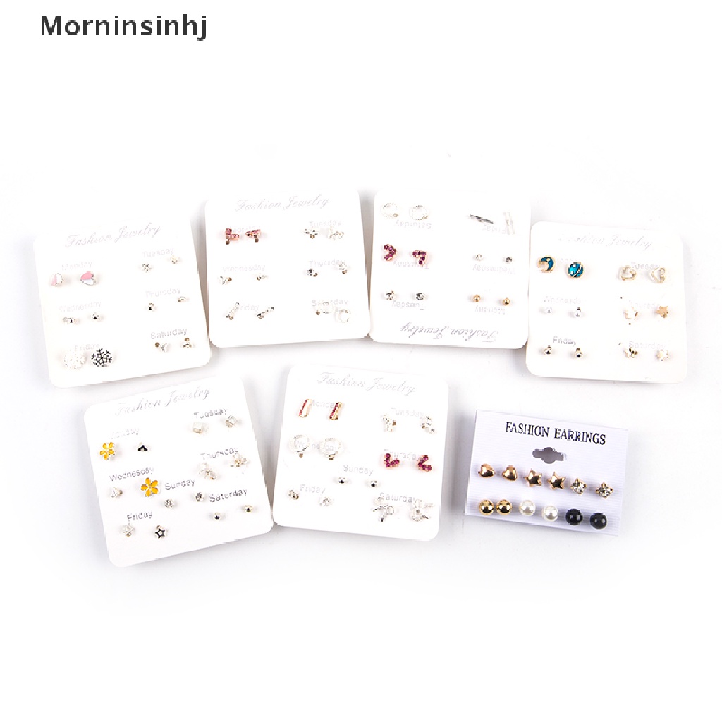 Mornin 6-7pasang/set Kristal Hati Daun Stud Anting Wanita Berlian Imitasi Earrings Jewelry id