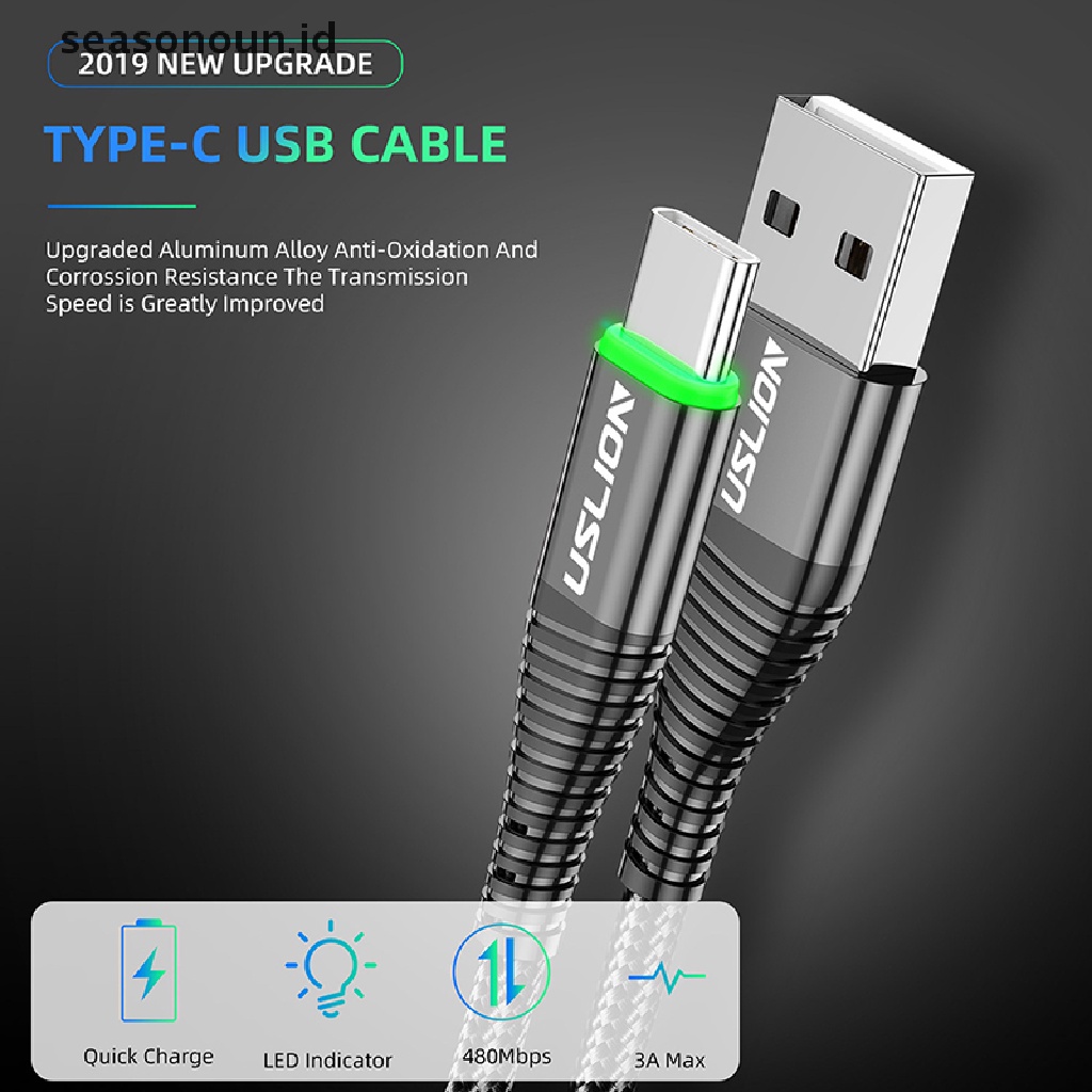 Seasonoun 2M 3A Kabel Data Pengisian Cepat Cahaya Hijau Lampu Led Kawat Pengisian USB Tipe C Perangkat Kabel Data Serat Dikepang Tahan Lama Pengisian Cepat Micro USB Ponsel Charging Wire.