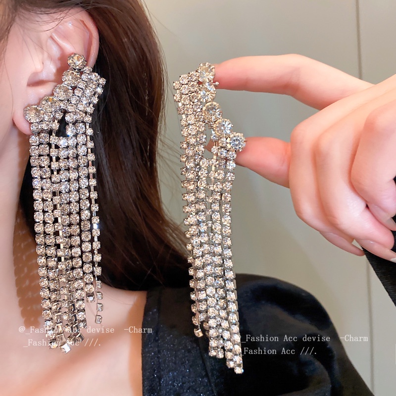 Anting Berlian Imitasi Panjang Jarum Perak Fashion Eropa Dan Amerika Makan Serbaguna Bridal Earrings Girl