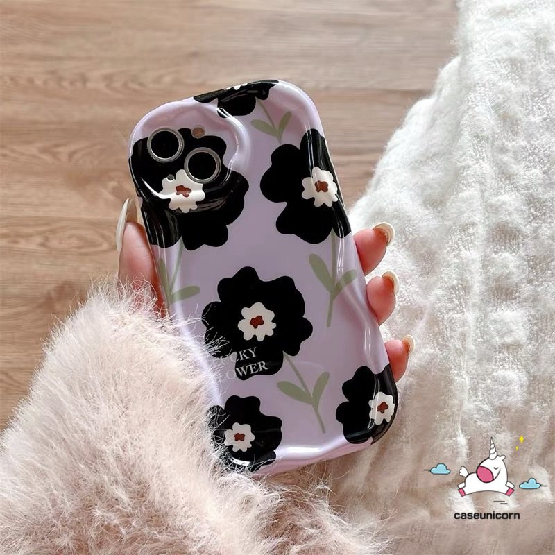 Casing Ponsel Tepi Melengkung Bergelombang 3D Kompatibel Untuk iPhone 7Plus 11 14 13 12 Pro Max XR 6s 6 7 8 Plus X XS Max SE 2020 Retro Bunga Airbag Glossy Tpu Lembut Shockproof Ungu Cover