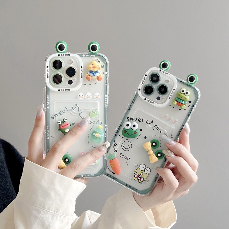 So Cute！3D Frog Eyes &amp; Duck Doll Soft Case HP iP iPhone 11 12 13 14 Pro Max 7 8 + Plus SE 2020 X XR SE 2020 XS Max FTD Clear Card Bag Casing Apple