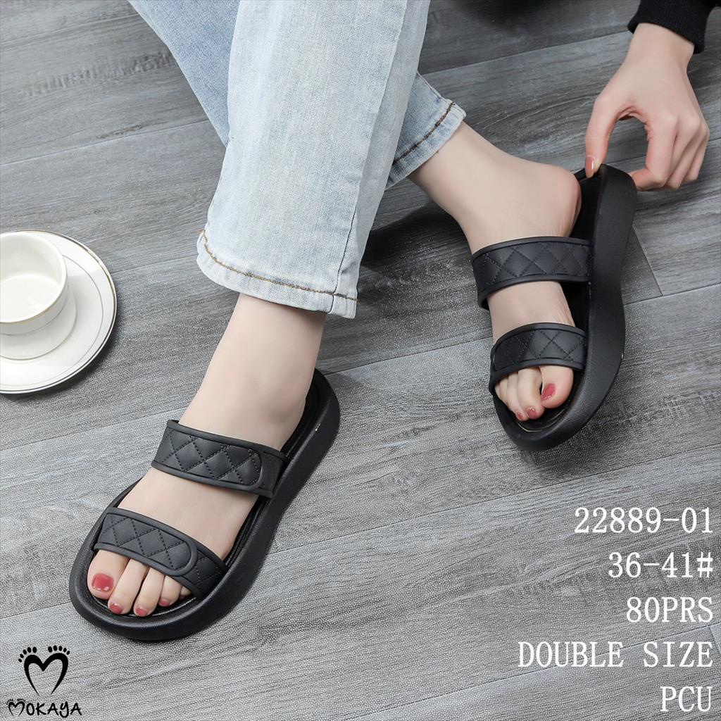 Sandal Slop Wedges Wanita Ban 2 Motif Kotak Wajik Super Empuk Cantik Trendy Import Mokaya / Size 36-41 (22889-011)