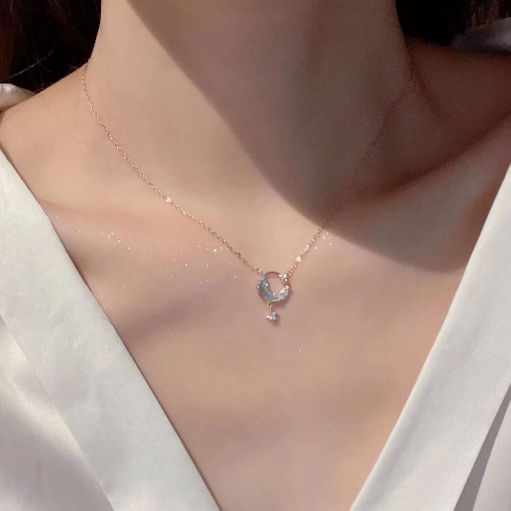 Fashion Crystal Moon Chain Necklace for Women Elegant Opal Pendent Jewelry Accessories