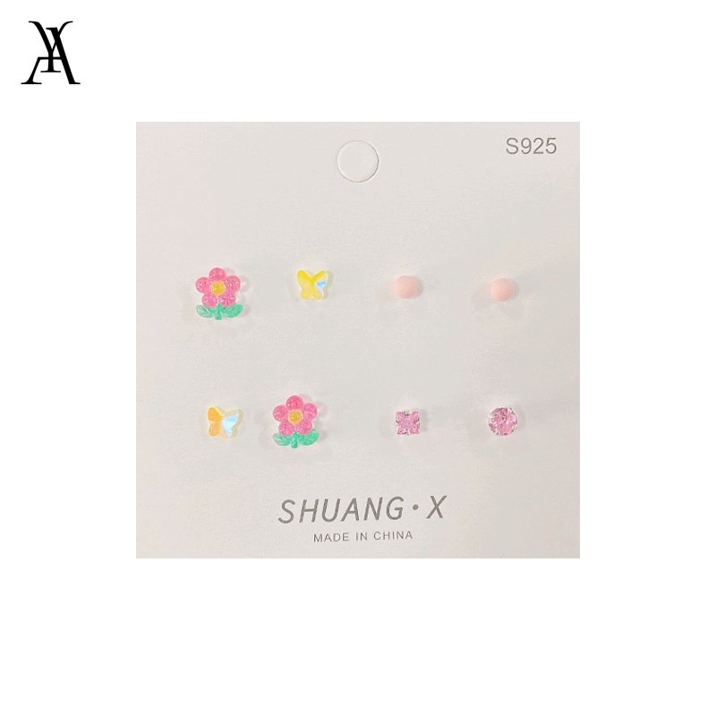 AY(CN) Set Anting Stud S925 Silver Bentuk Bunga Tulip Butterfly Bulat Geometri Aksen Kristal Gaya Korea Untuk Wanita