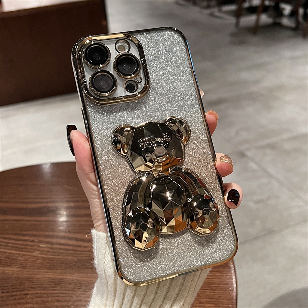 Premium 3D Galvanis Kedip Kristal Beruang Case iPhone 14 Pro Max Case iPhone 13 12 Pro Max Case Kamera Perlindungan Lensa Film Untuk 14 Promax Plus Mewah Kreatif Plating Transparan