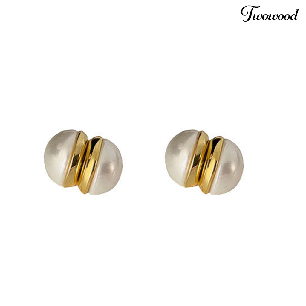 Twowood 1pasang Anting Klip Tanpa Lubang Telinga Mutiara Imitasi Kuat Tidak Sakit Memakai Electroplating Ear Ornament Fade-Proof ic Ear Clip Stud Earrings Aksesoris Pakaian