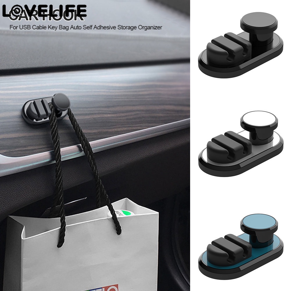 2in1 Kait Mobil Mini Kabel USB Multifungsi Kunci Tas Car Storage Organizer Hanger Self Adhesive Wall Hook Klip Pengikat Otomatis