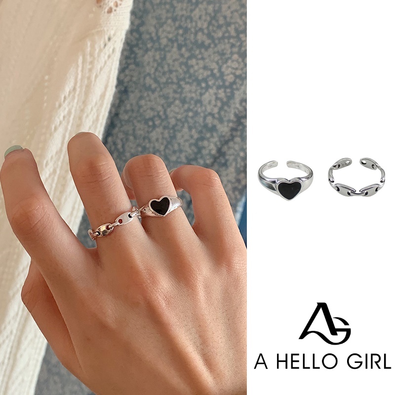 2pcs / Set Cincin Model Terbuka Dapat Disesuaikan Bentuk Hati Warna Hitam