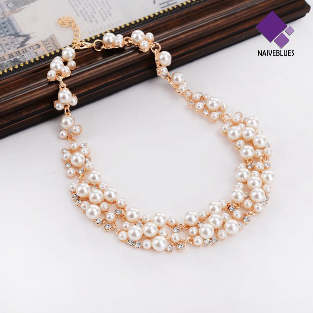 Naiveblue &gt; 2pcs/Set Perhiasan Pernikahan Mutiara Imitasi Multi Warna Mewah Halus Wanita Kalung