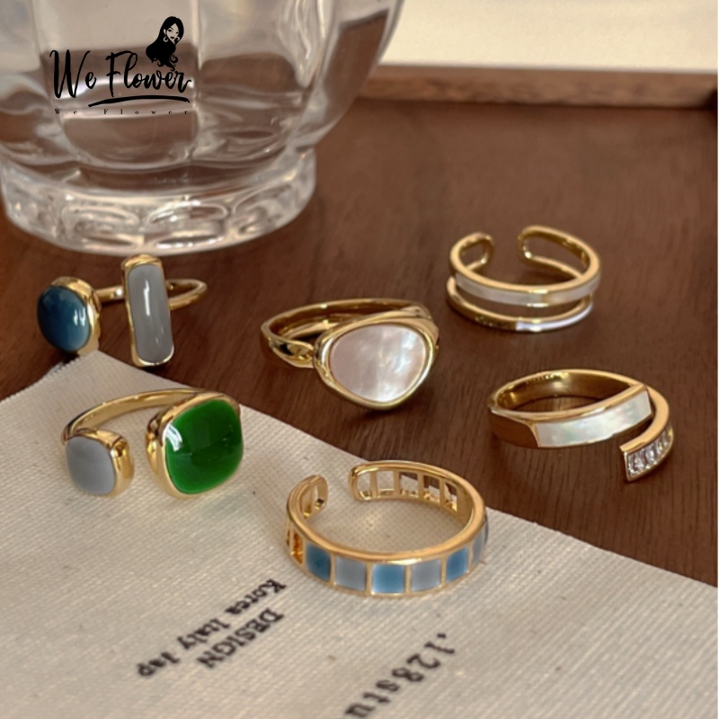 We Flower Vintage Emas Hijau Biru Permata Terbuka Cincin Untuk Wanita Gadis Ins Trendi Susun Cincin Adjustable Jari Manset Perhiasan Aksesoris