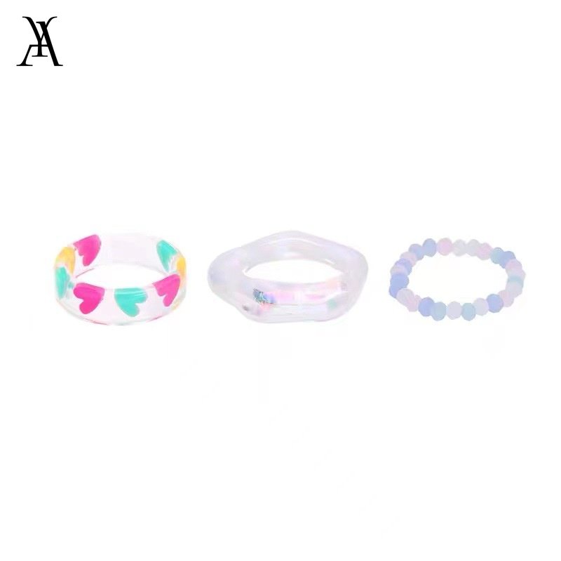 AY(CN) 3pcs / Set Cincin Manik-Manik Bentuk Hati Warna-Warni Bahan Resin Untuk Wanita