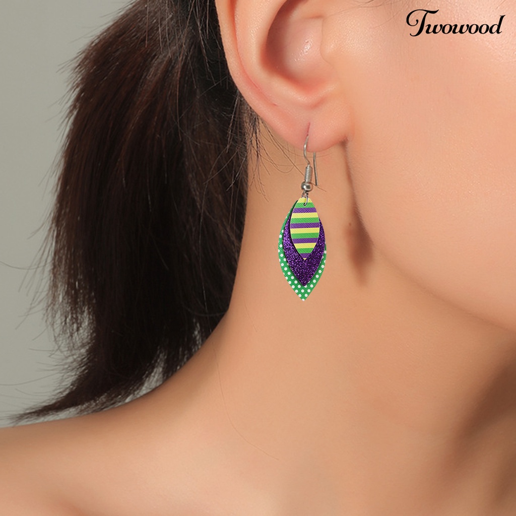 Twowood 1pasang Anting Kait Warna-Warni Glitter Teardrop Berbentuk Daun 3lapis Kulit Imitasi Menjuntai Anting Perlengkapan Karnaval