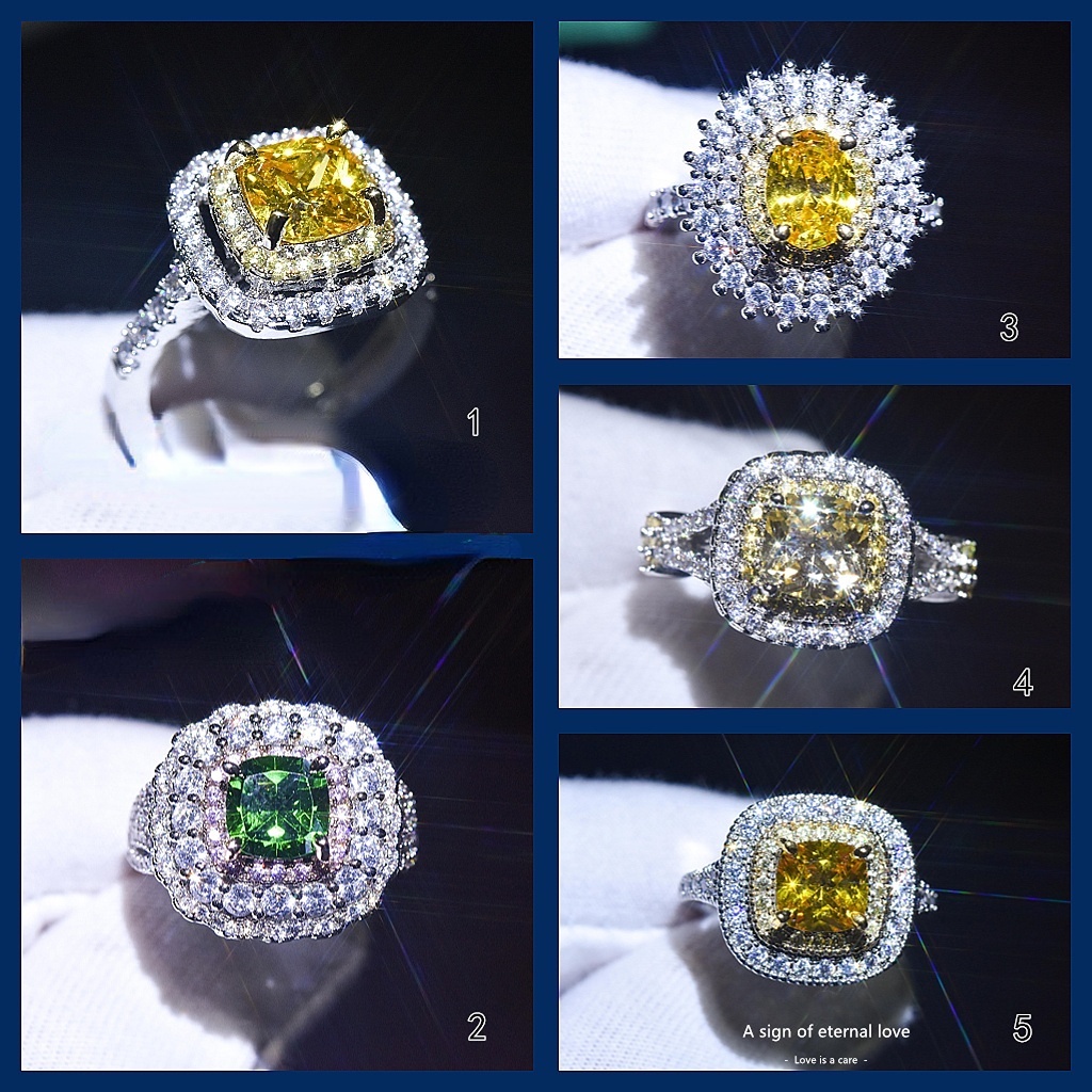 Goldkingdom Aksesoris Perhiasan Fashion Ready Stock Industri Berat Mosang Berlian Square Group Bertatahkan Cincin Lamaran Cincin Berlian Putri Diamond Ring Carat