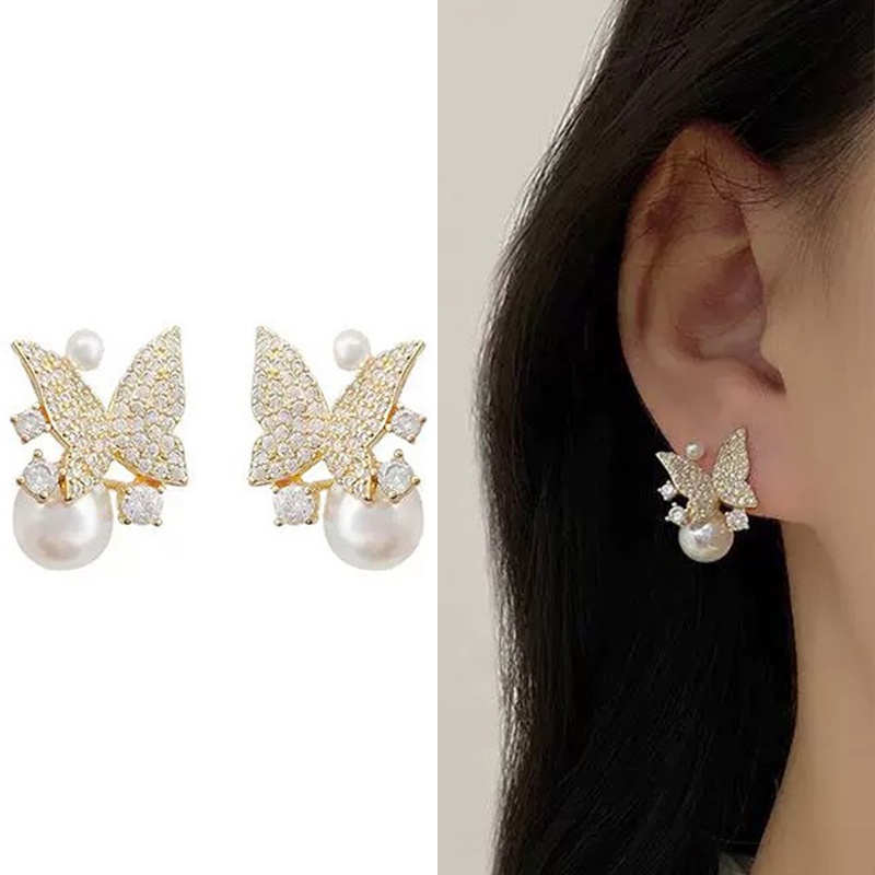 Jepang Japan Korea Selatan Gaya Baru Elegan Kupu-Kupu Berlian Imitasi Mutiara Temperamen Anting Fashion Unik