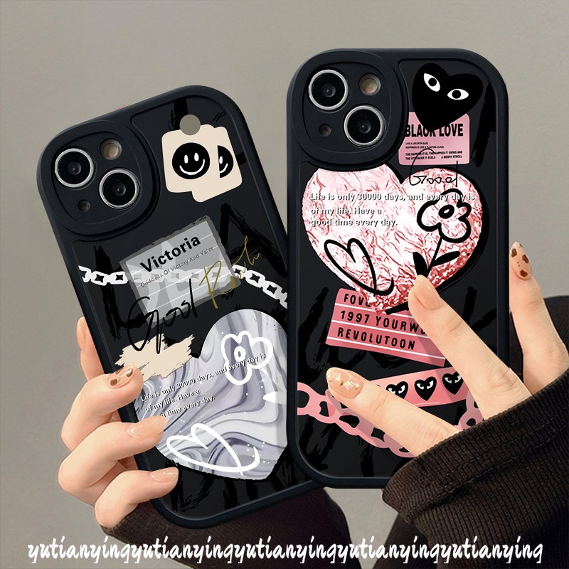 IPHONE Pasangan Casing Kompatibel Untuk Iphone12 11 14 13 Pro Max 7plus XR 6s 7 6 8 Plus XS X Max SE 2020 Ins Graffiti Cinta Hati Trendi Merek Label Soft Tup Case