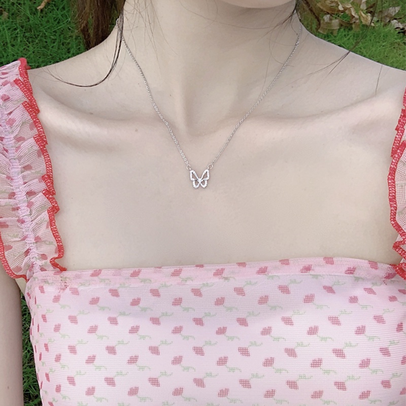 Papaozhu Chic Bersinar Zirkon Kupu-Kupu Liontin Perak Kalung Untuk Wanita Gadis Temperamen Berlian Imitasi Rantai Tulang Selangka Fashion Perhiasan Leher